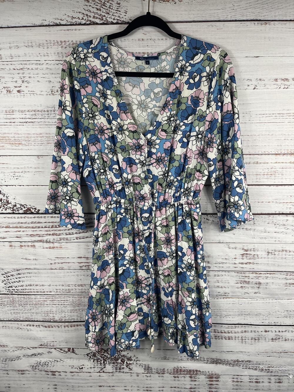 Shore Dress Women's Medium Blue Pink Floral Print 3/4 Sleeve Elastic Waist Rayon